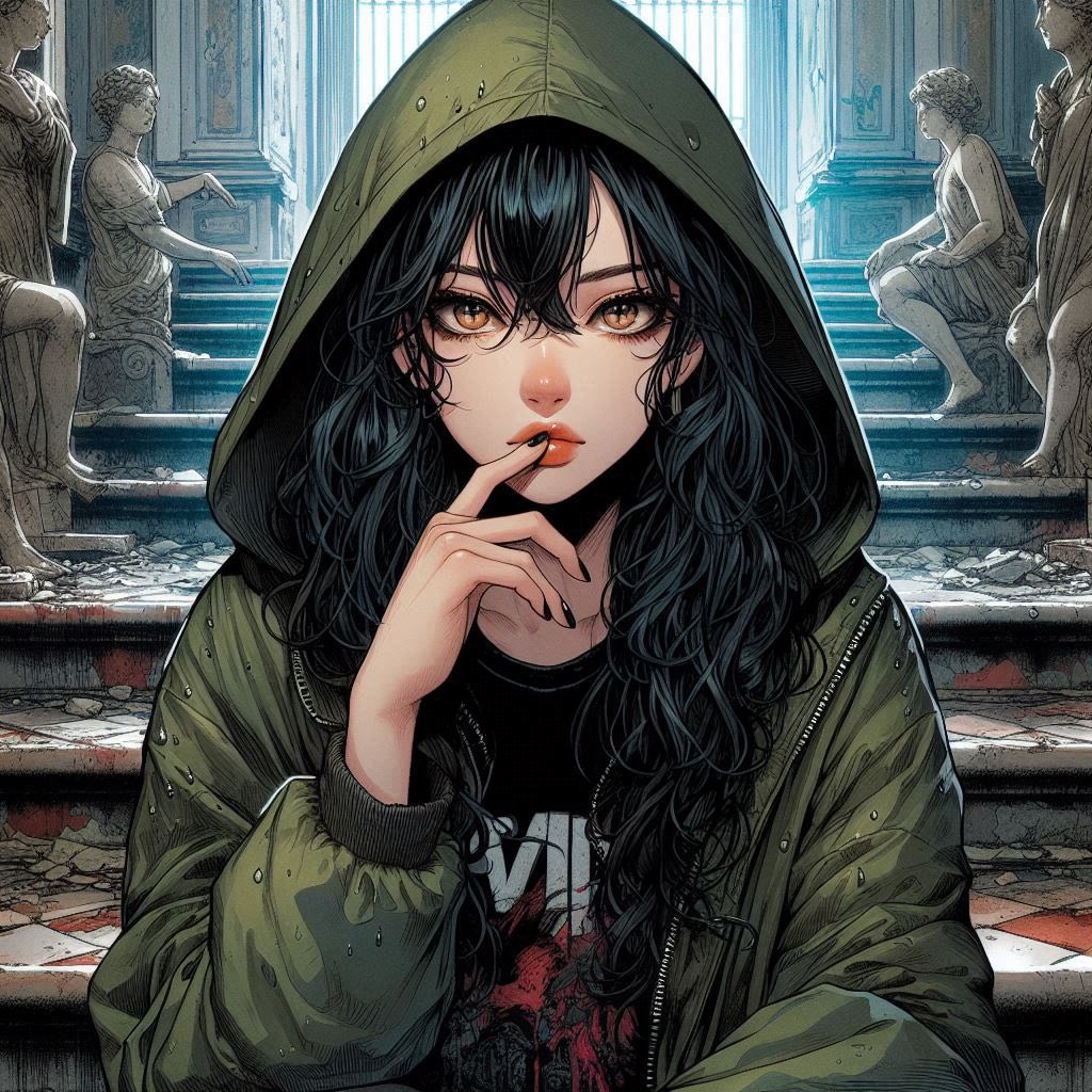 在廢墟樓梯上的女子