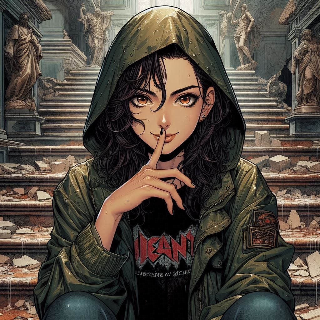 在廢墟樓梯上的女子