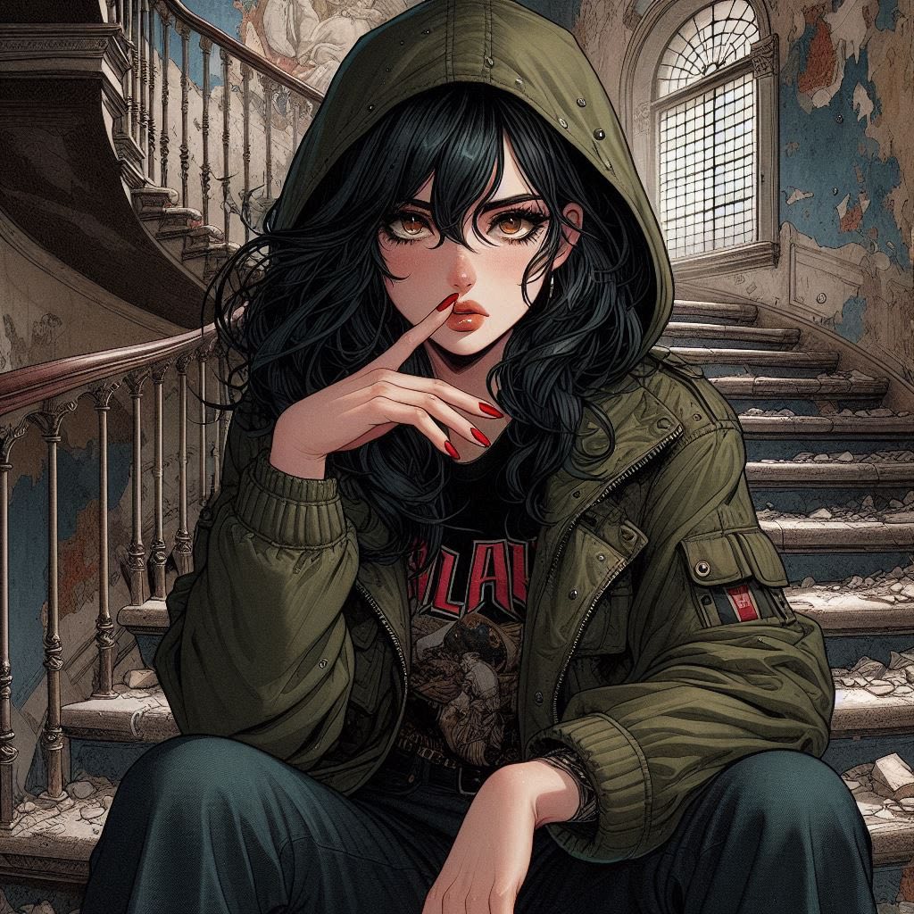 Woman on a ruined staircase