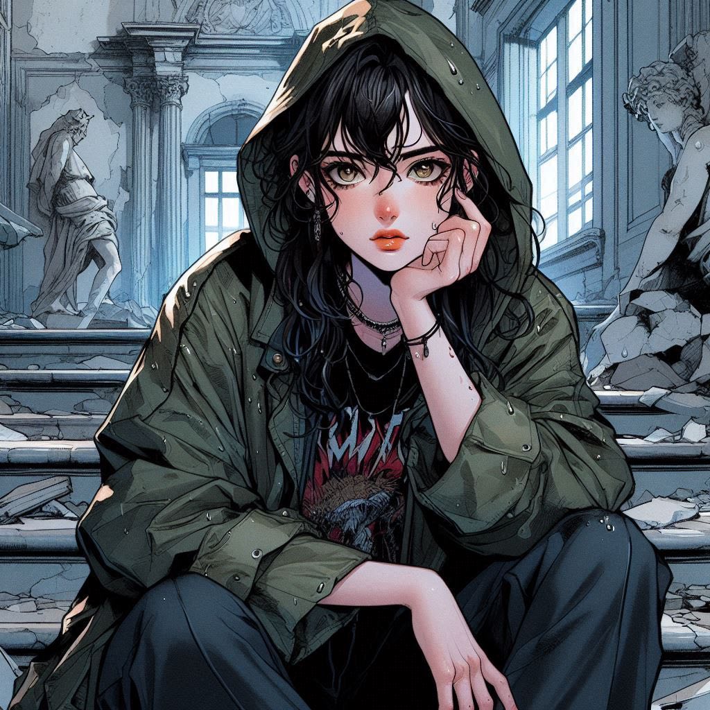 在廢墟樓梯上的女子