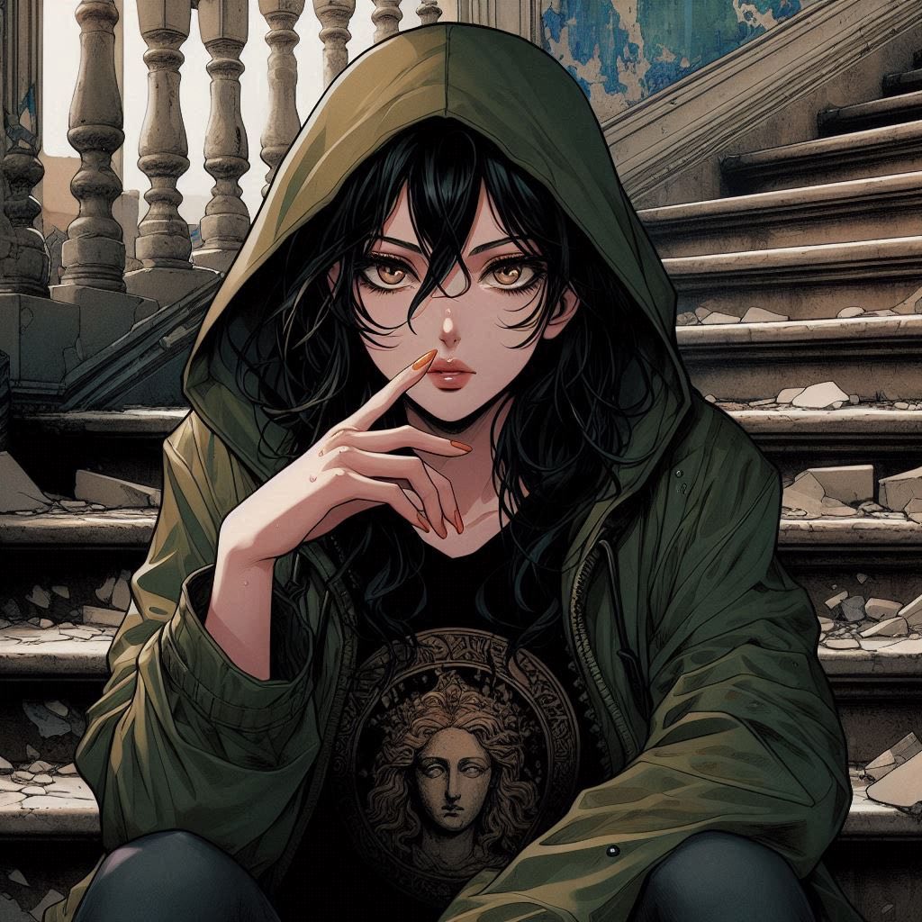 Woman on a ruined staircase