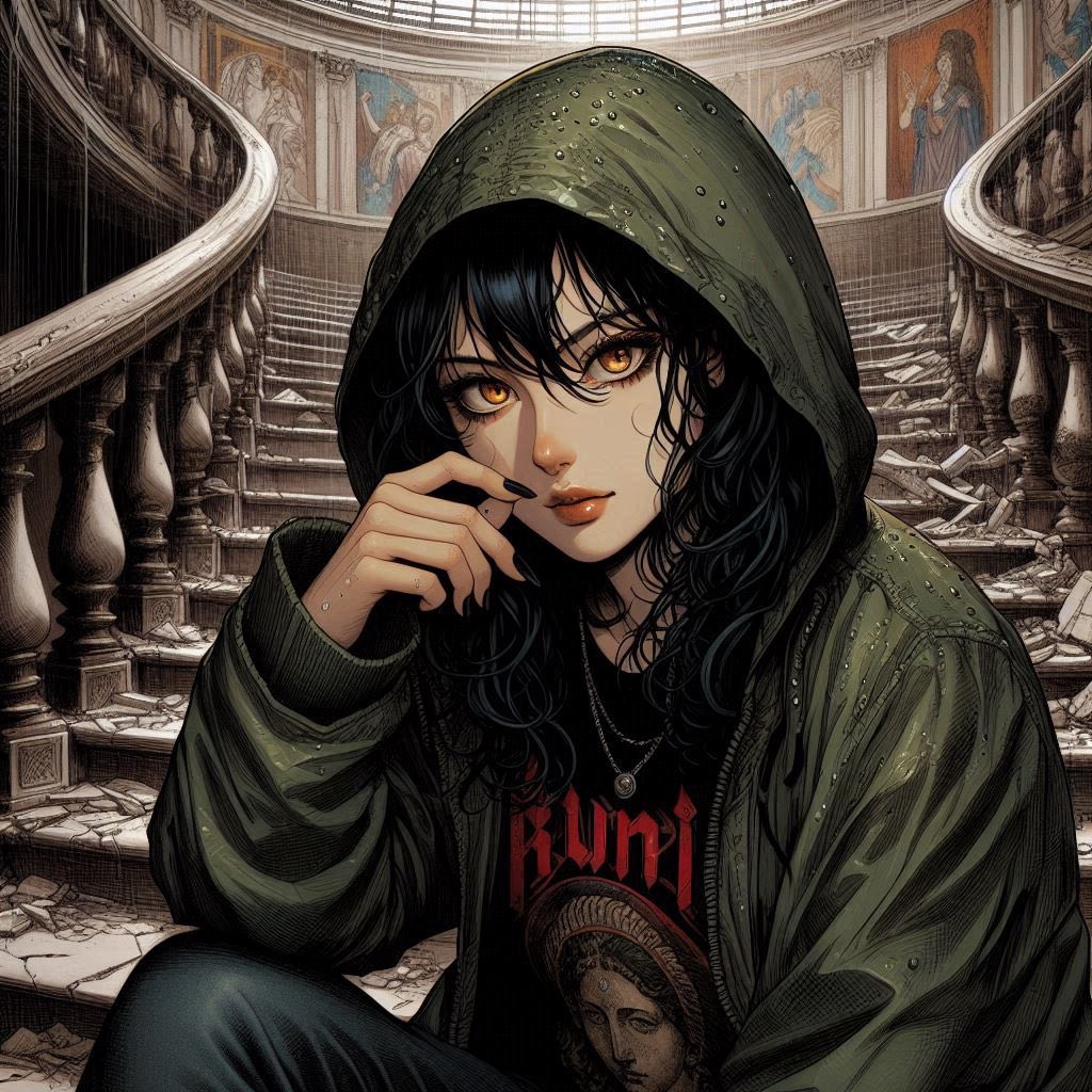 在廢墟樓梯上的女子