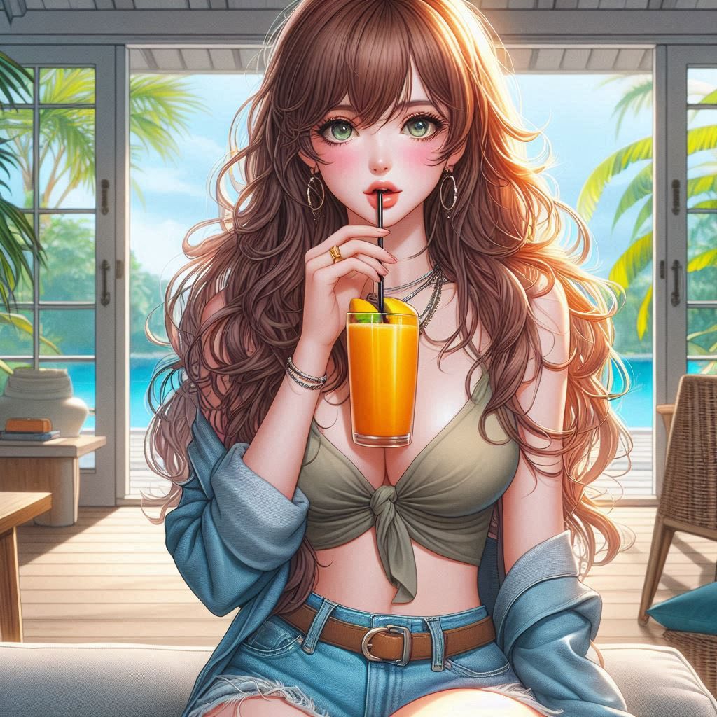 在熱帶渡假村喝涼的果汁