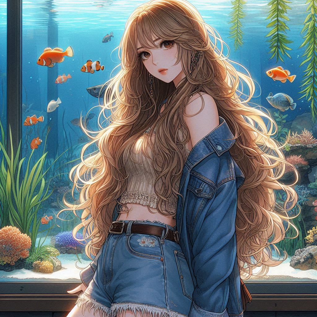 Girl in front of the aquarium