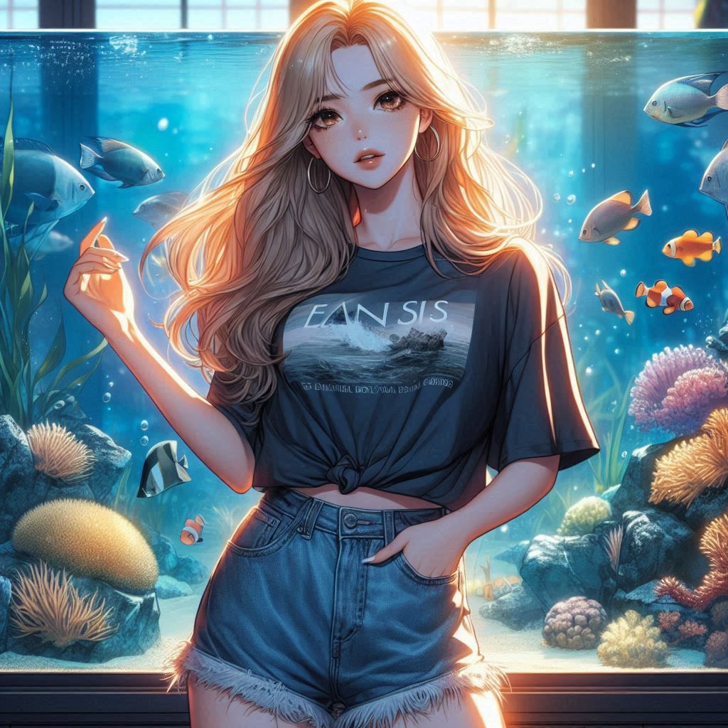 Girl in front of the aquarium