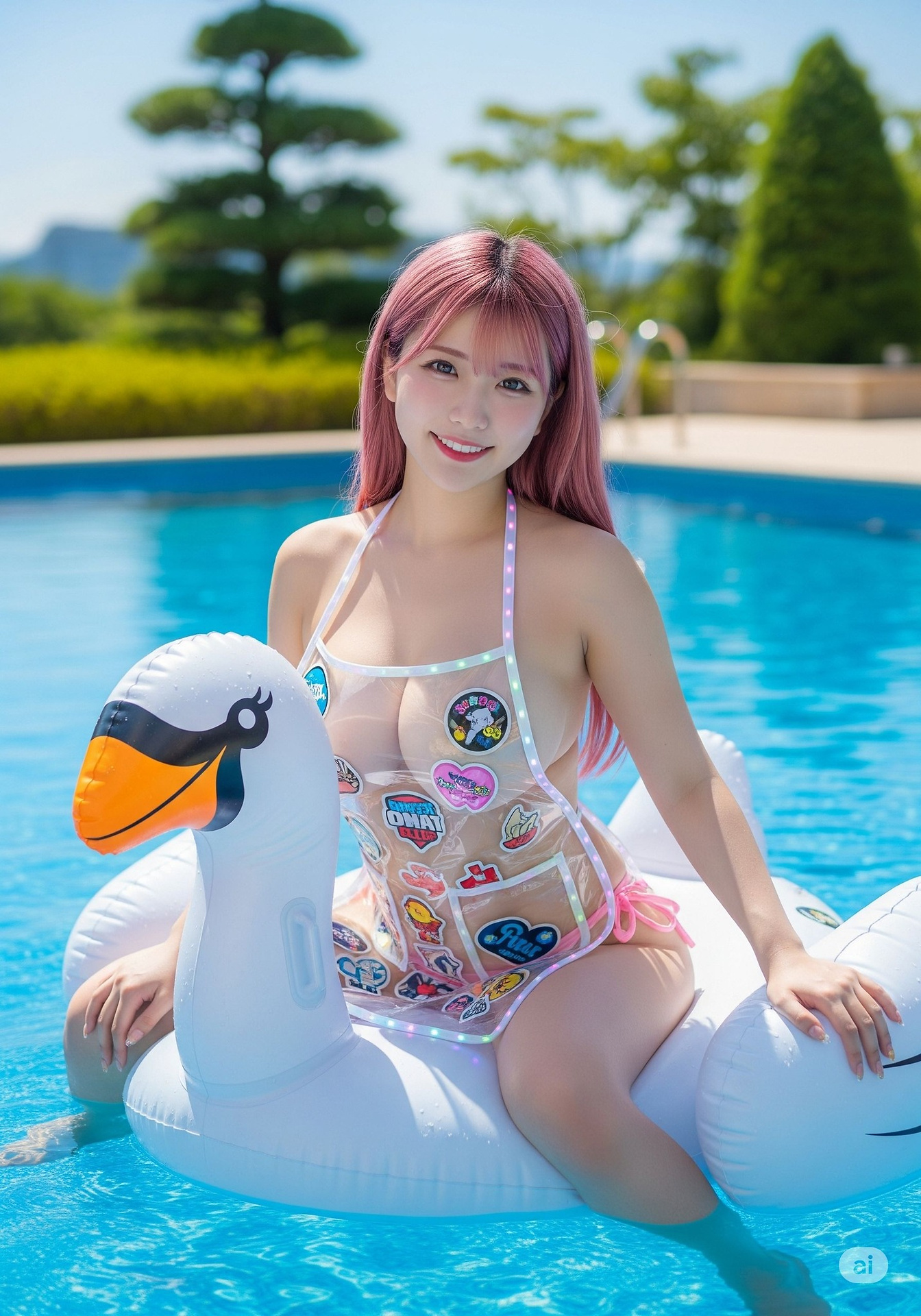 Sister brings a super Q-shaped swimming circle floating bed to the pool