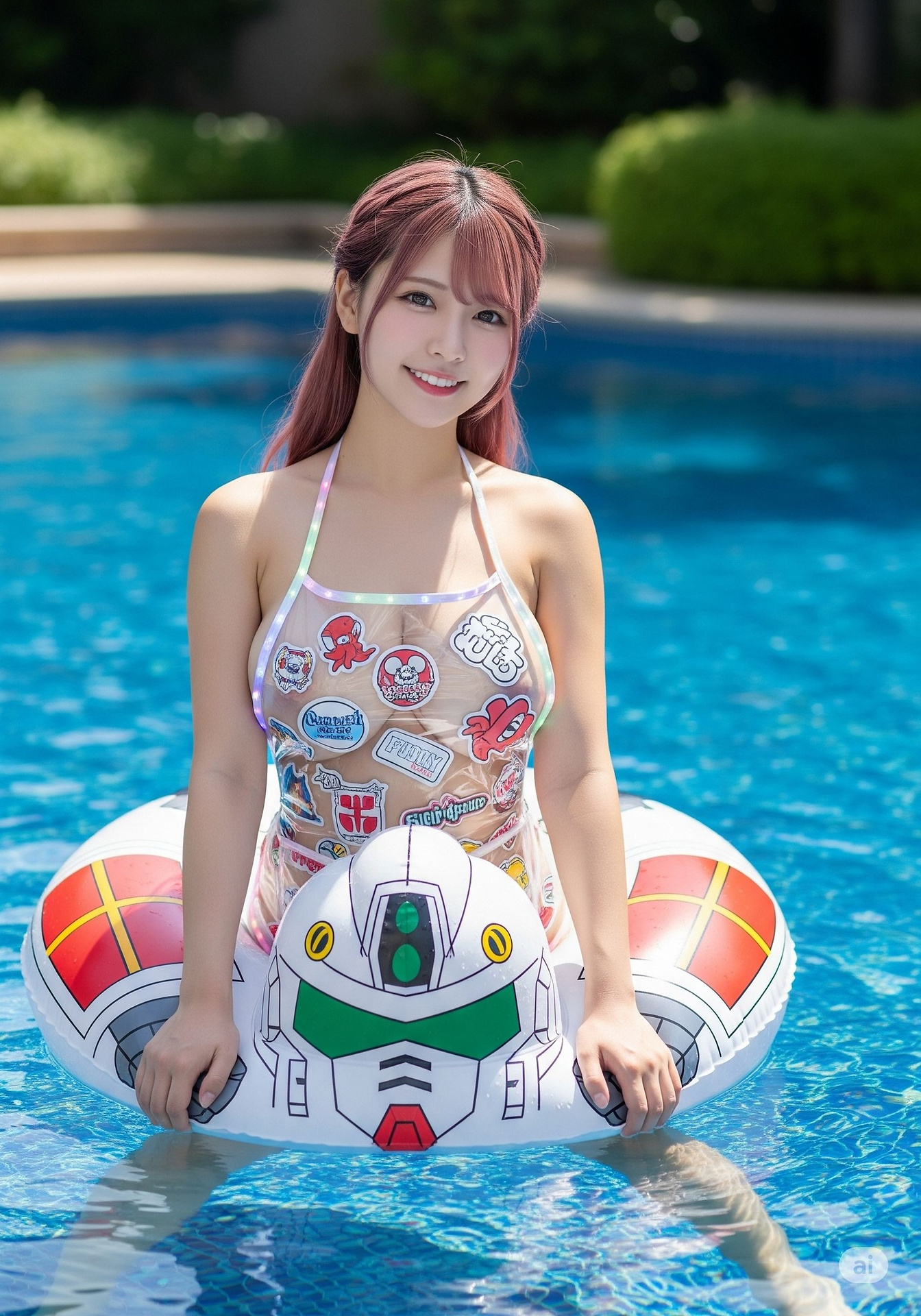 Sister brings a super Q-shaped swimming circle floating bed to the pool
