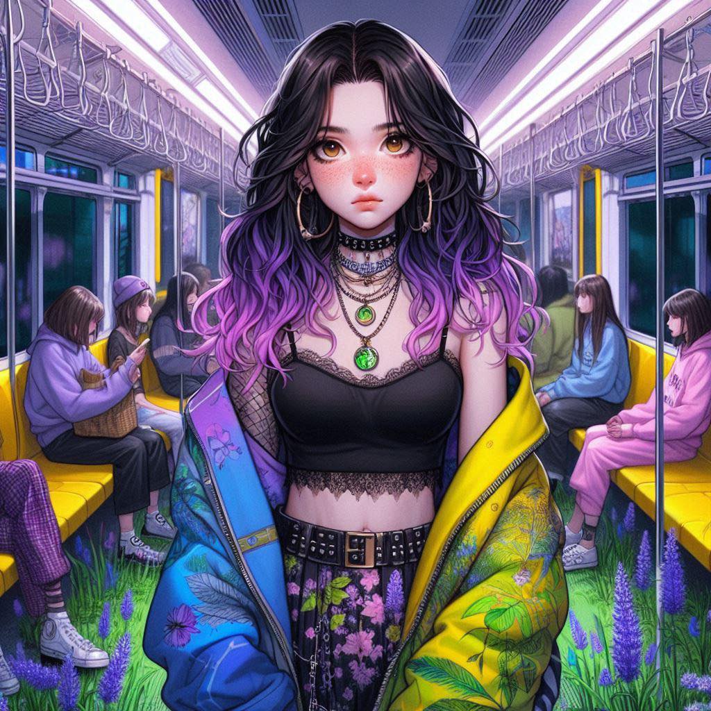 站在長滿花草的車廂