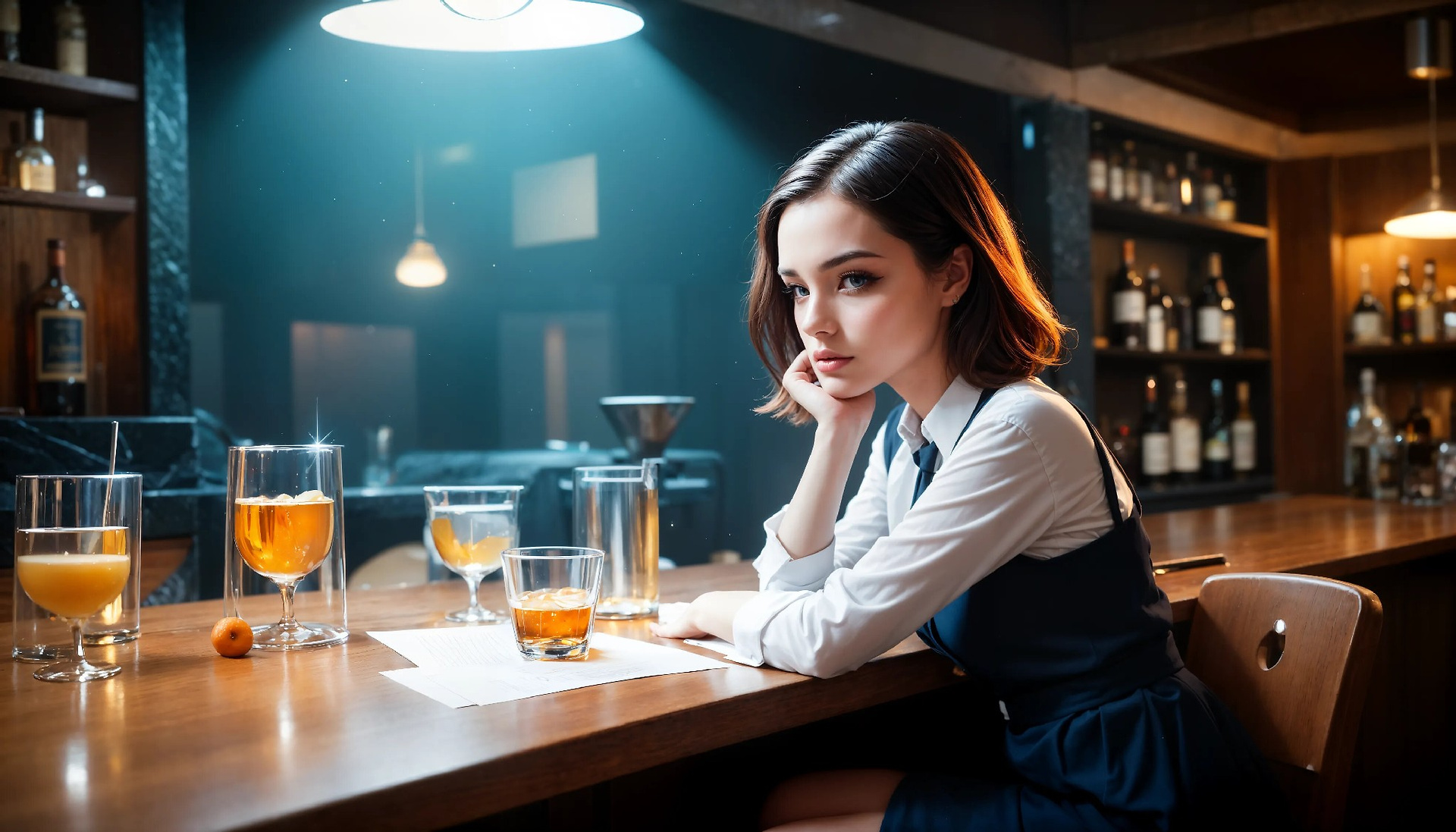 Alone at the bar with the lonely girl.