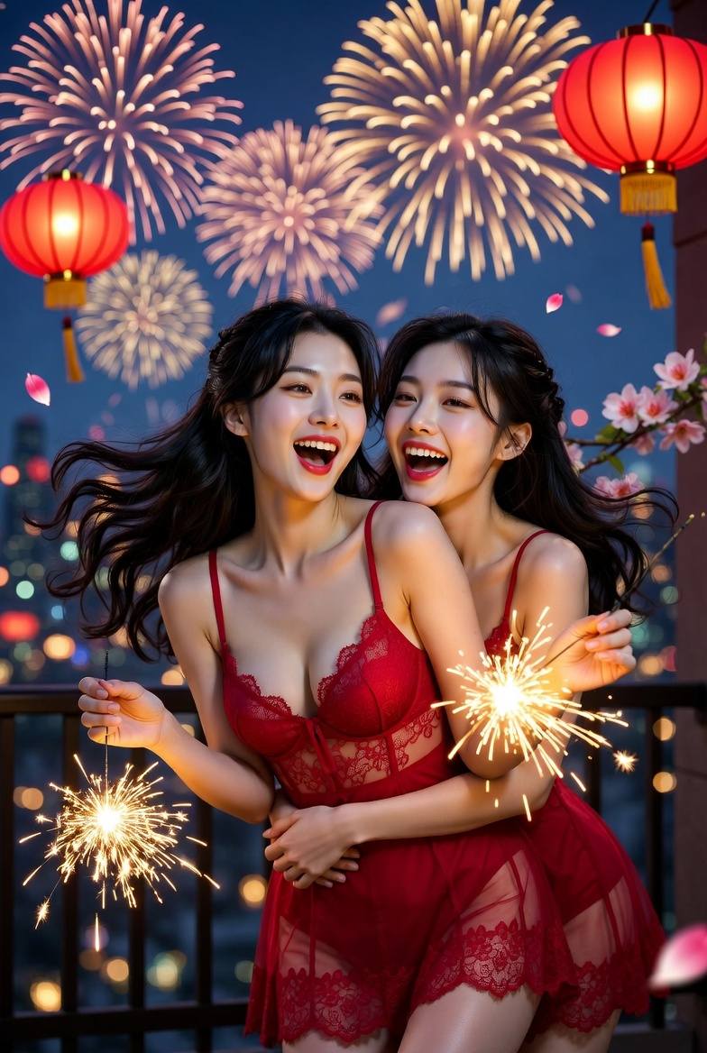 Sisters hugging and celebrating the New Year