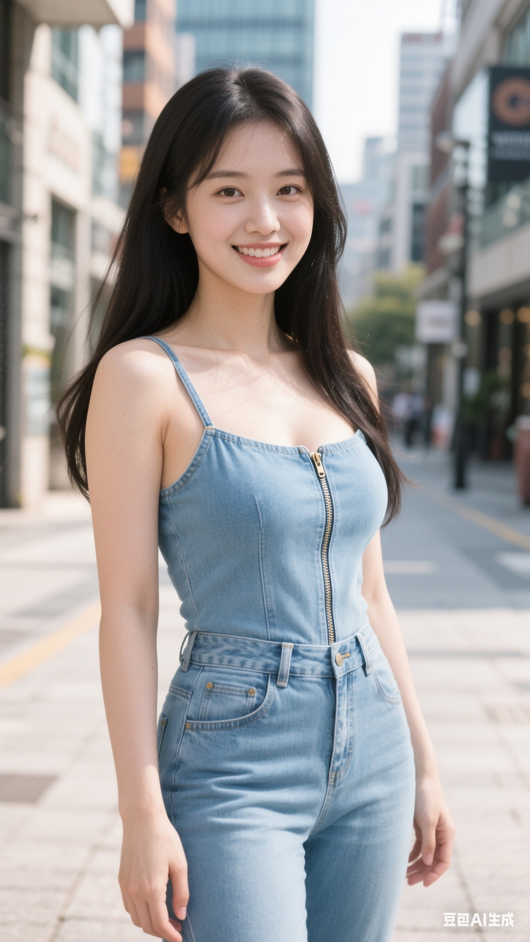 denim zipper pullover jumpsuit