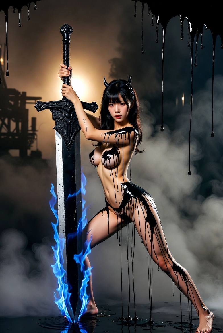 Black ink dress. Enchanted jacket. Blue flame sword