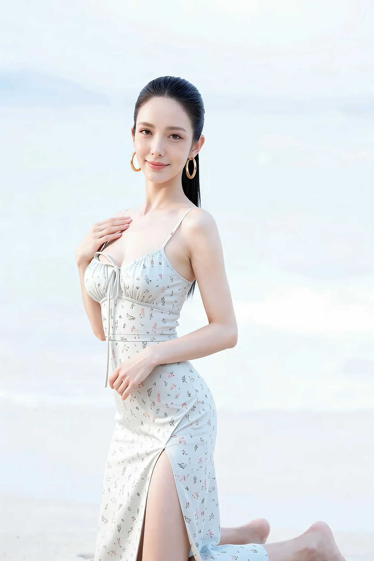 Midi - Fresh Floral Slim Shoulder Strap Long Slit Dress
